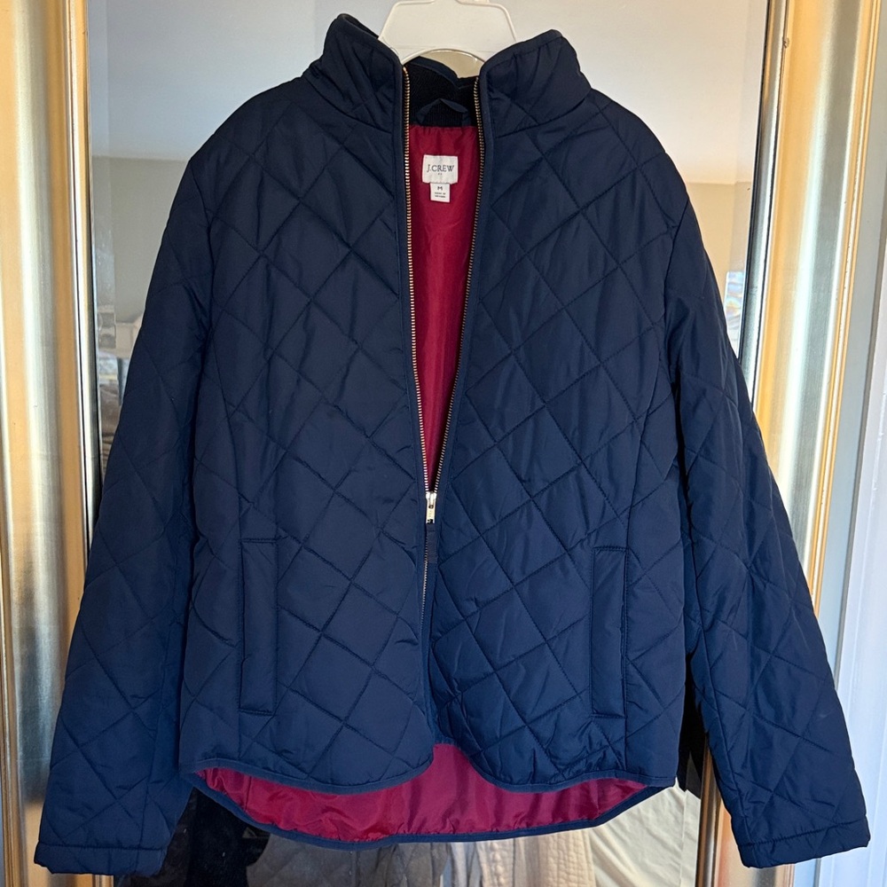 JCrew Blue Quilted Jacket with Red Lining